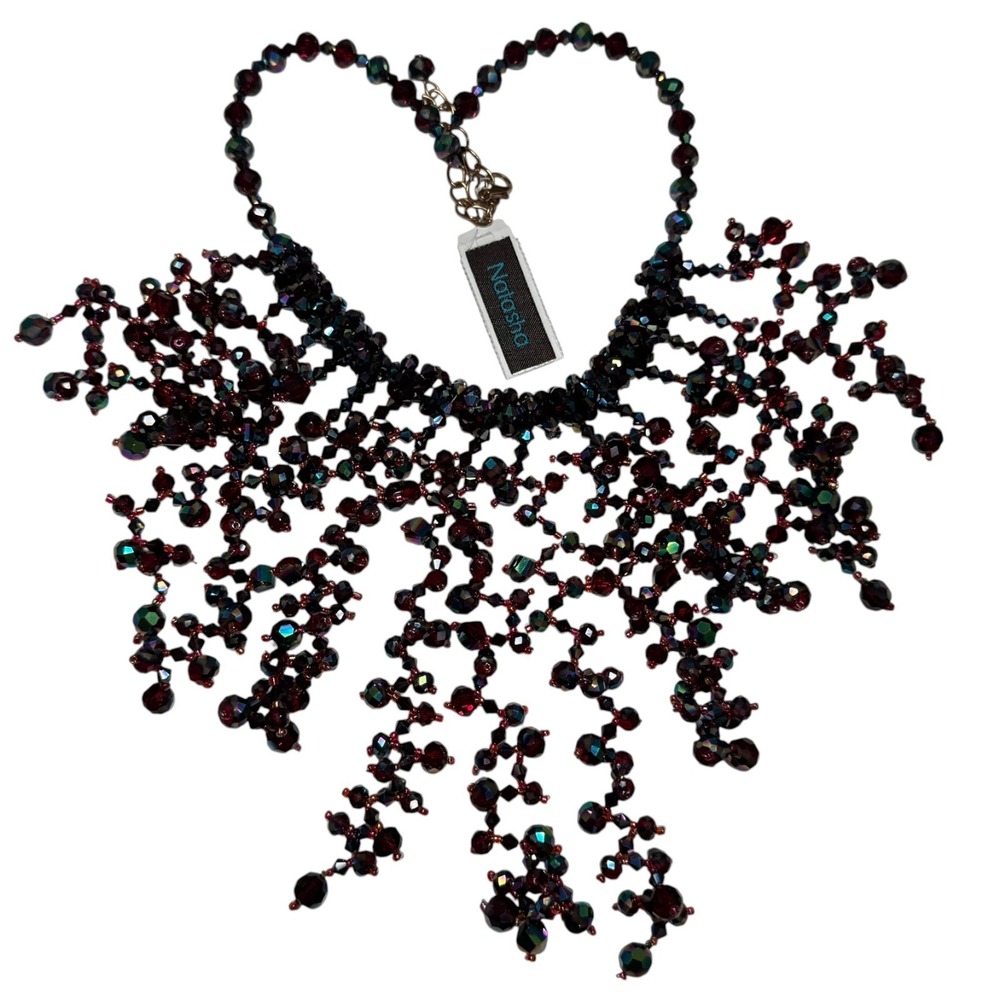 New NATASHA  Beaded Bib Necklace – Garnet Red Aurora‎ Borealis Glass Crystals